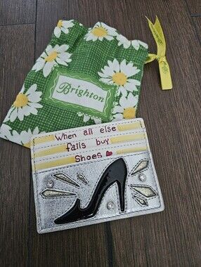 Brighton Silver Leather Card Holder Shoes Credit Card Case Wallet +Dust Bag RARE
